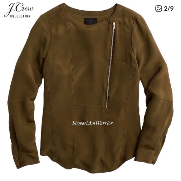 J.Crew Collection olive/brown luxe silk asymmetrical zip top *shop@iamwarrior - Picture 3 of 10